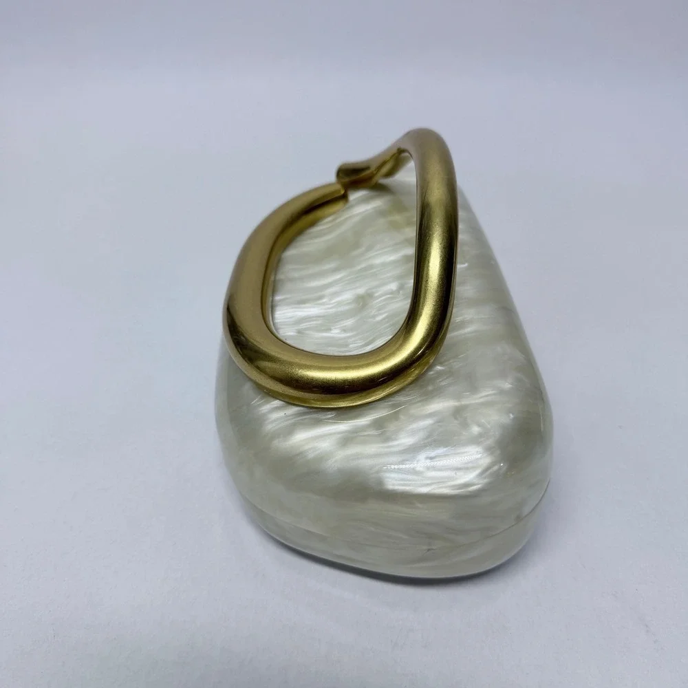 Unbranded Pearl White Marbled Acrylic Clutch Gold Sculptural Handle Minaudiere